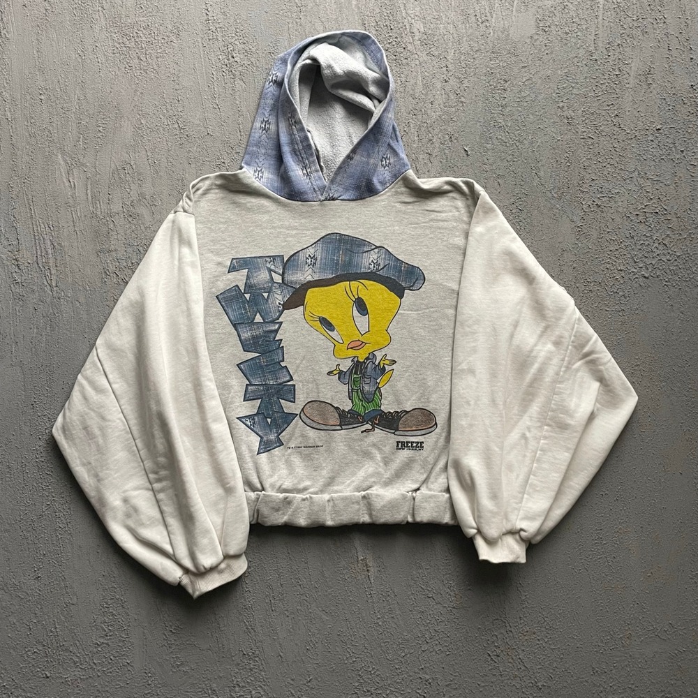 Vintage Tweety Bird Graphic Hoodie Unisex Large Grey 1990s Freeze
